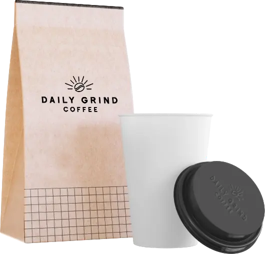 Daily Grind coffee bag and cup