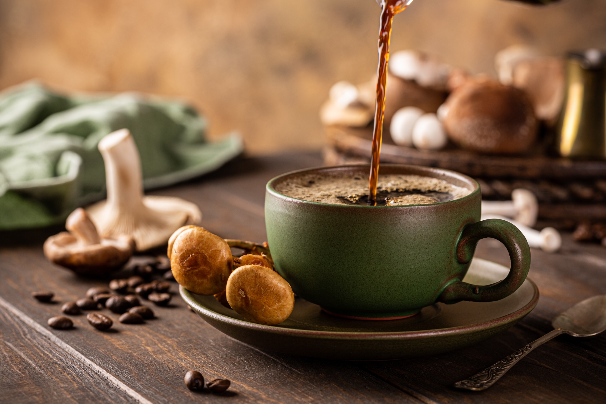 Mushroom coffee in green cup