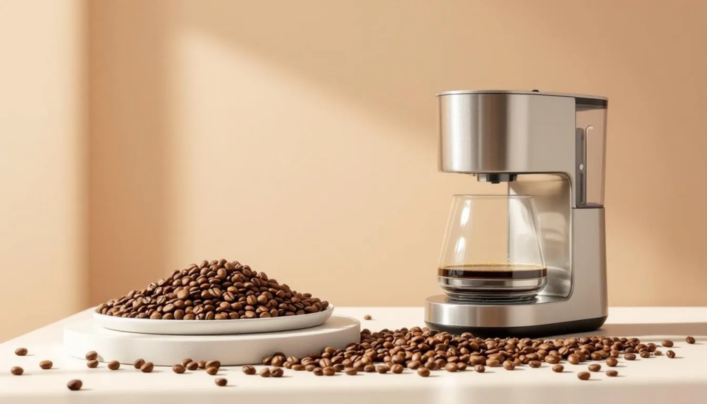 An assortment of coffee beans and a drip coffee maker, showcasing the brewing process.