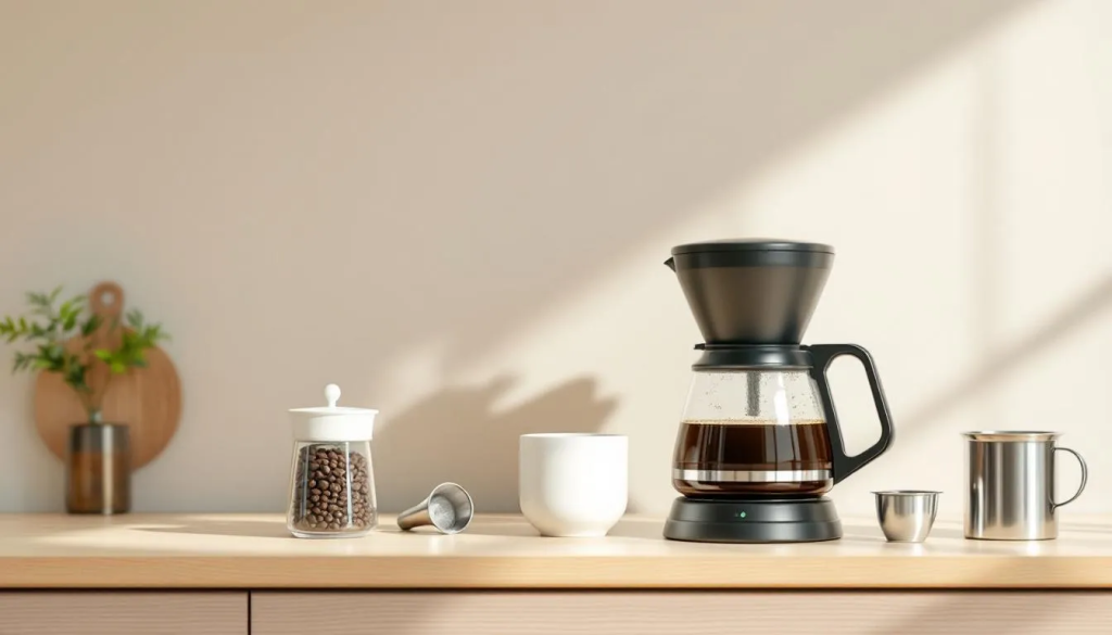 Essential equipment for making drip coffee, including a coffee maker and coffee beans.