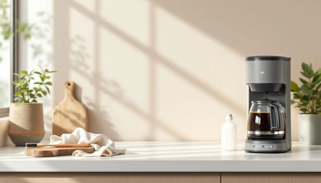 Cleaning and maintenance of a drip coffee maker, showcasing essential cleaning tools.